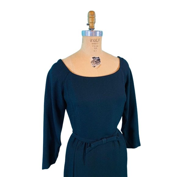 Vintage 1950s Black Cocktail Dress Off The Shoulder Bow Belt Sheath | W 26" - Picture 6 of 10